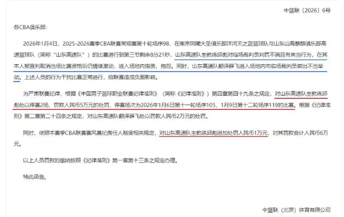 CBA重磅罚单，1个罚6万，1个2万，名帅被重罚，吹罚裁判有结论|邱彪|克里斯|山东男篮|浙江男篮|同曦男篮_新浪体育_新浪新闻